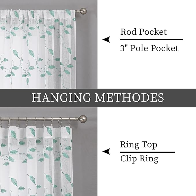 Tollpiz Teal Blue Leaf Sheer Curtains Leaves Embroidered Living Room Short Curtain Rod Pocket Voile Window Treatments for Bedroom, 54 x 45 inches Long, Set of 2 Panels
