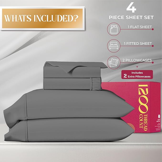 Mayfair Linen 100% Egyptian Cotton Sheets King Size - 1200 Thread Count King Size Sheets Set Egyptian Cotton, 4 PC Luxury Bedsheet (Dark Grey), Soft, Cooling, 17" Deep Pocket Sateen Weave Bedsheet Set
