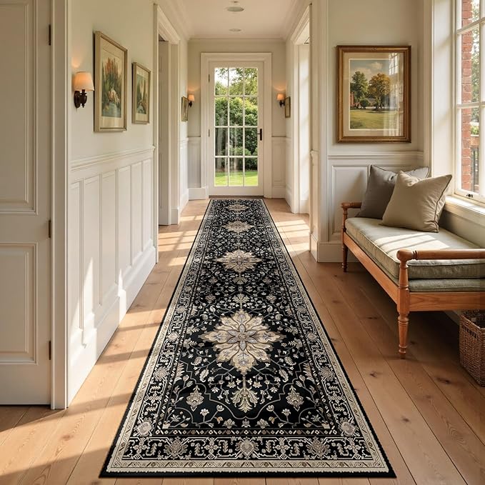 Area Rugs 2'6''x10' Washable Non-Slip, Floral Vintage Distress Print Pattern Medallion Carpet for Living Room Bedroom Dining Room, Black Brown Neutral Dark Tan