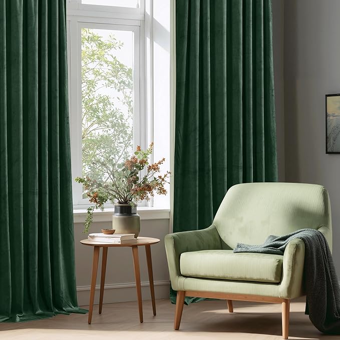 StangH Dark Green Curtains Blackout Thermal Insulated Velvet Drapes Rod Pocket Noise Reducing for Hallway/Living Room/Bedroom, Christmas Home Decor, W42 x L90, 2 Panels