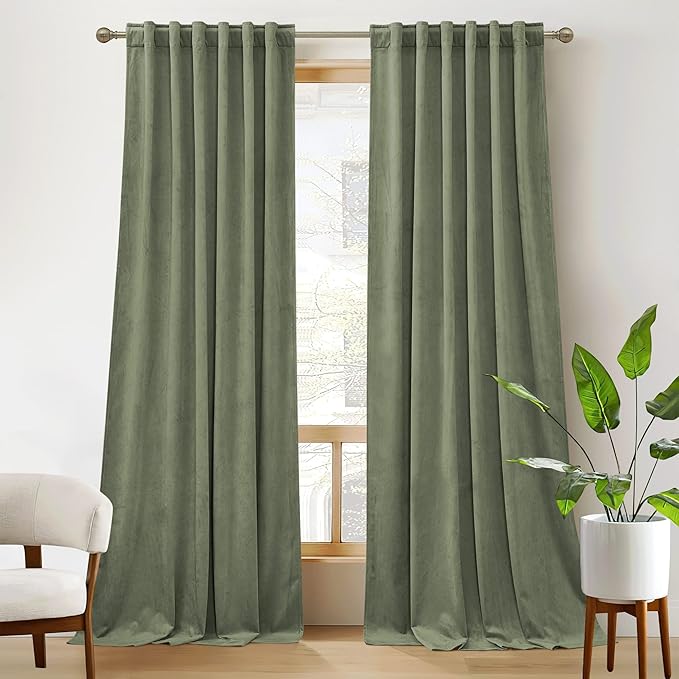 RYB HOME Sage Velvet Curtains 102 inches, Back Tab Soft Fabric Room Darkening Thermal Insulated Luxurious Home Decor Curtains for Living Room Bedroom, W 52" x L 102", 2 Panels Set