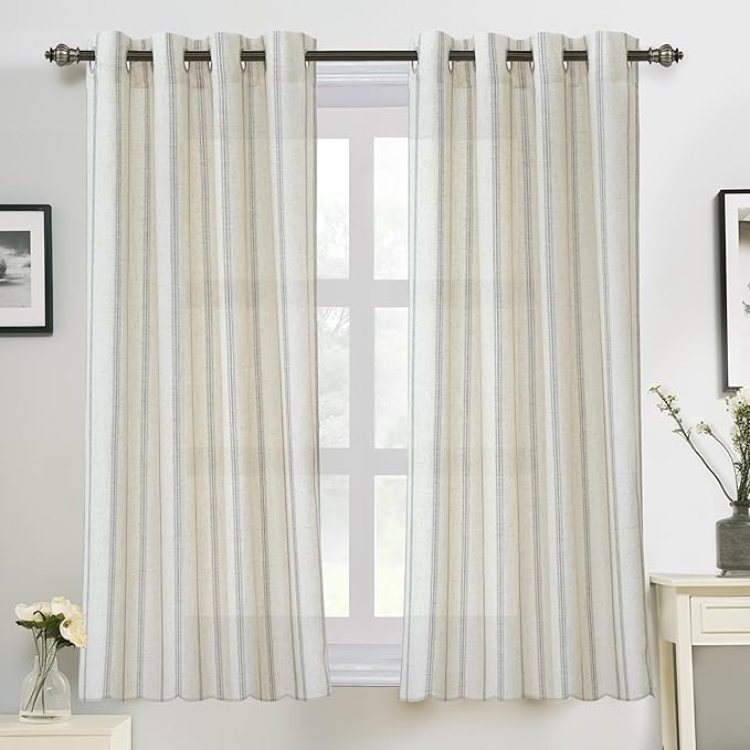 DriftAway Farmhouse Vertical Striped Linen Blend Textured Light Filtering Semi Sheer Curtains for Living Room Bedroom 54 Inches Long Drapes 2 Panels