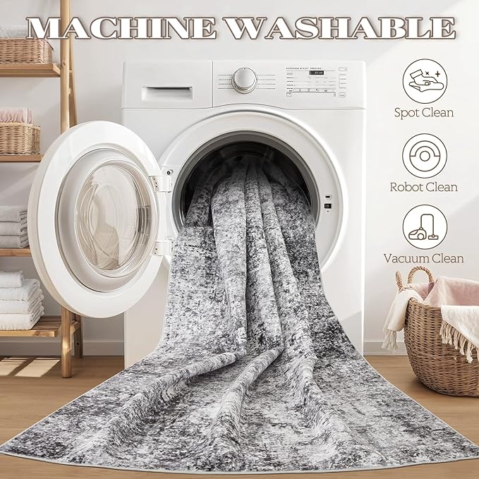 6ft Round Area Rug Living Room Rugs - 6x6 Washable Large Soft Indoor Neutral Modern Abstract Low Pile Rug Carpet for Bedroom Dining Room Farmhouse Home Office - Grey