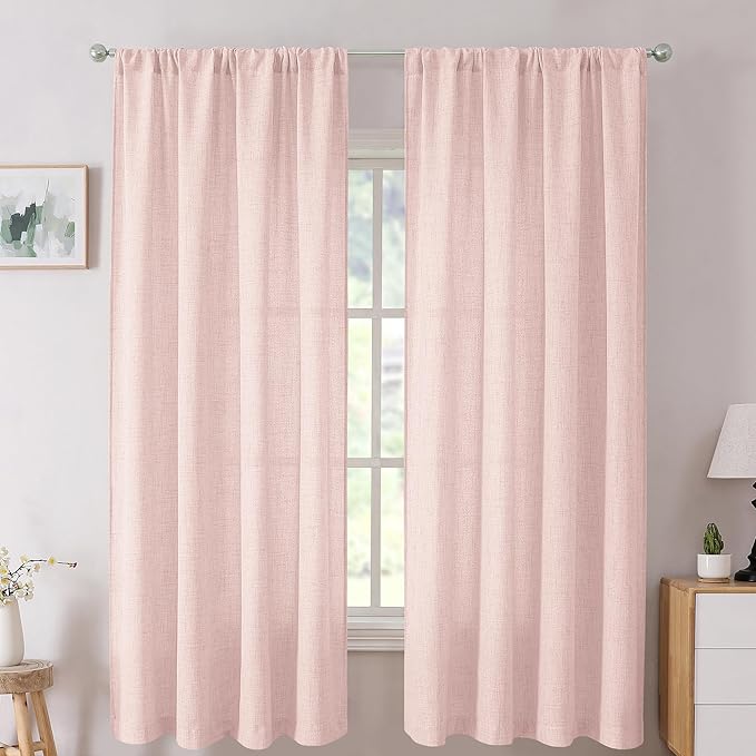 Tollpiz Short Linen Curtains Living Room Rod Pocket Semi Sheer Curtain Burlap Light Filtering Thick Linen Drapes for Bedroom, 54 x 54 inches Long, Pink, Set of 2 Panels