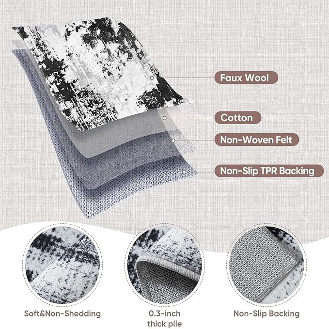 3x12 Long Hallway Runner Rug: Kitchen Rugs Non Slip Washable Low Pile Abstract Rug Runner with Rubber Backing Indoor Stain Resistant Carpet Runners for Bedroom Dining Living Room Black White