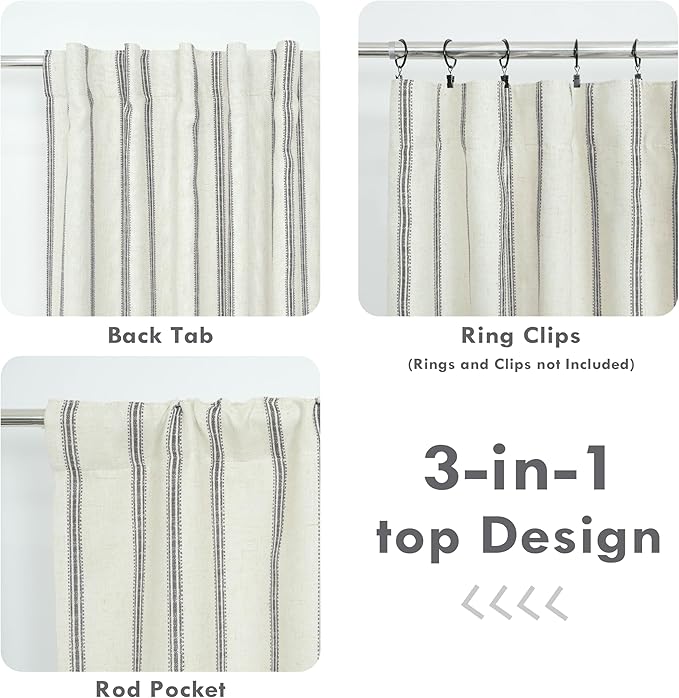 DriftAway Farmhouse Vertical Striped Linen Blend Textured Light Filtering Semi Sheer Curtains for Living Room Bedroom 63 Inches Long Drapes 2 Panels Linen Gray