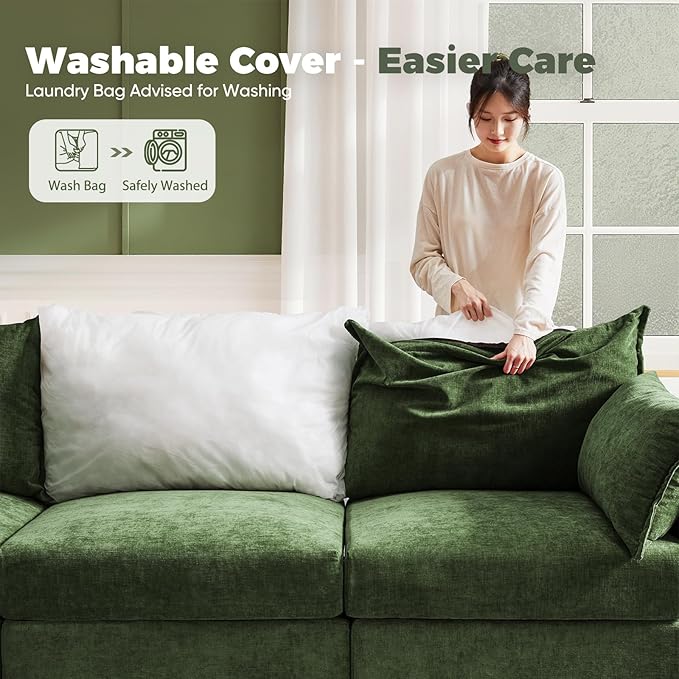 ABCASA Oversized Loveseat Sofa, Modern Modular Sectional Couch Green Fluffy Chenille Mid Century 2-Seat 24.5" Deep Seat for Apartment, Living Room, Bedroom