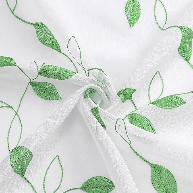 Tollpiz Green Leaf Sheer Curtains Leaves Embroidered Living Room Curtain Rod Pocket Voile Window Treatments for Bedroom, 54 x 63 inches Long, Set of 2 Panels