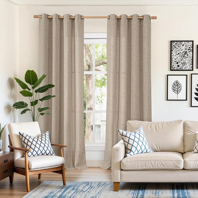 YoungsTex 95 lnch Long Oatmeal Linen Curtains 2 Panels for Living Room, Light Filtering Semi Sheer Window Treatments with Bronze Grommet Floor Length Drapes for Farmhouse Bedroom Dining, 52 X 95 Inch