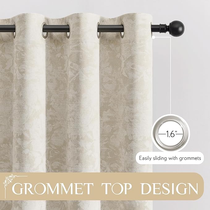 Beauoop Beige Floral Jacquard Blackout Curtains 84 Inches Long for Patio Sliding Door Extra Wide Chenille Flower Divider Room Darkening Thermal Soundproof Grommet Window Drapes, 100x84 Set of 1