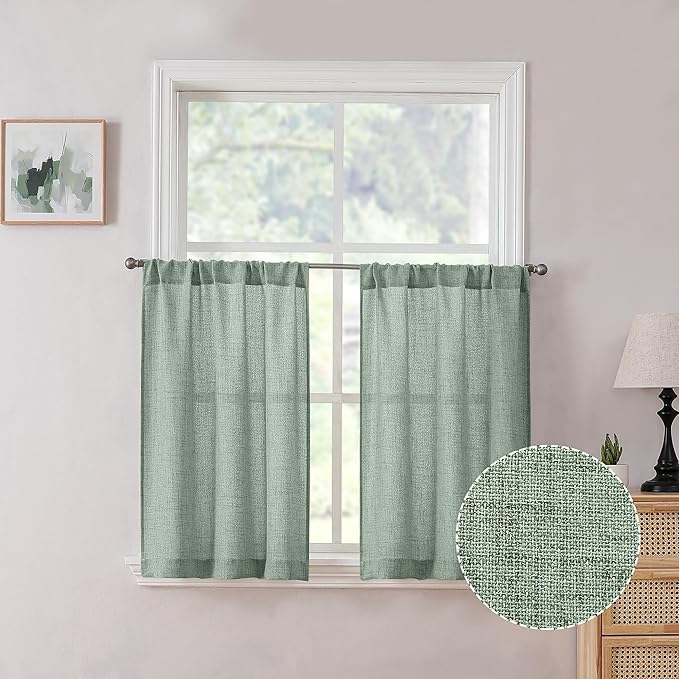 Tollpiz Linen Tier Curtain Rod Pocket Semi Sheer Half Kitchen Curtains Burlap Light Filtering Thick Linen Drape for Bathroom, 30 x 36 inches Long, Sage Green, Set of 2 Panels