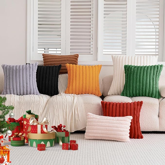 Christmas Red Faux Fur Plush Lumbar Throw Pillow Covers 12x20 Set of 2 Fuzzy Striped Soft Cozy Pillowcase Luxury Decorative Pillows Fluffy Cushion Covers for Couch Bed Living Room