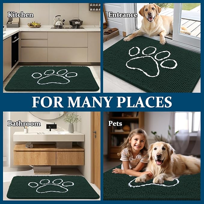 OLANLY Dog Door Mat for Muddy Paws 59x35, Paw Print Design, Absorbs Moisture and Dirt, Absorbent Non-Slip Washable Doormat, Quick Dry Chenille Mud Mat, Entry Indoor Entryway Carpet, Blackish Green