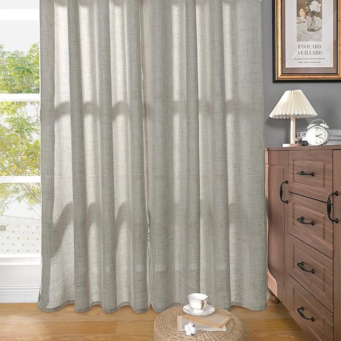 YoungsTex Dark Grey Linen Curtains 45 Inches Length for Kitchen Window, Textured Semi Sheer Drapes Light Filtering with Bronze Grommet for Bathroom Cafe Bedroom, 2 Panels, 42 X 45 Inch