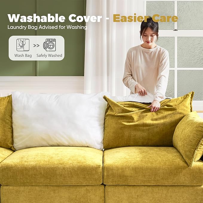 ABCASA 102.6" Modular Sectional Sofa, Oversized 3-Seater Yellow Orange Couch with Removable Chenille Fabric Cover, Deep Seat & High Backrest for Living Room, Office & Apartment