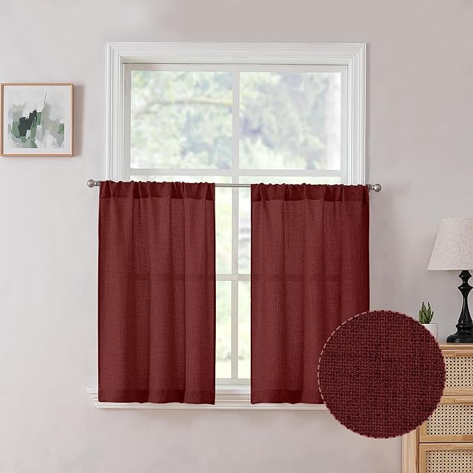 Tollpiz Linen Tier Curtains Rod Pocket Semi Sheer Short Kitchen Curtain Half Burlap Light Filtering Thick Linen Drape for Bathroom, 30 x 30 inches Long, Burgundy Red, Set of 2 Panels