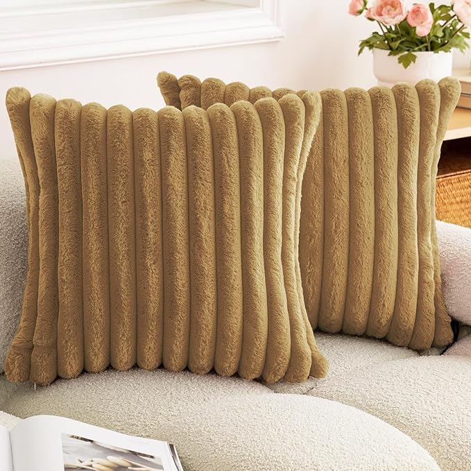 Double-Sided Faux Fur Plush Throw Pillow Covers 20x20 Set of 2 Fuzzy Striped Soft Cozy Pillowcase Luxury Decorative Pillows Square Fluffy Cushion Cover for Couch Bed Living Room,Camel