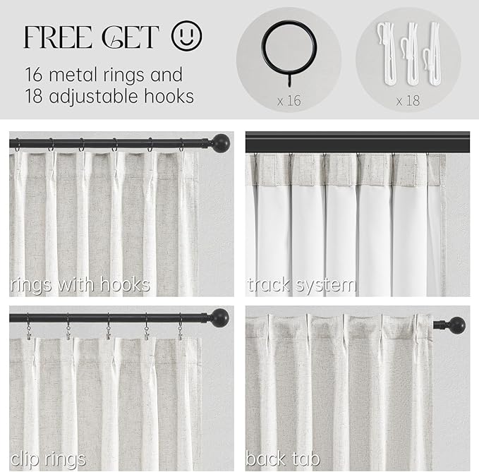 Topfinel 63 Inch Length Blackout Linen Curtains, Pinch Pleat Back Tab Pleated Farmhouse Short Room Darkening Uv Blocking Cute Curtains for Small Window Bedroom Nursery with Clips, Ivory Off White