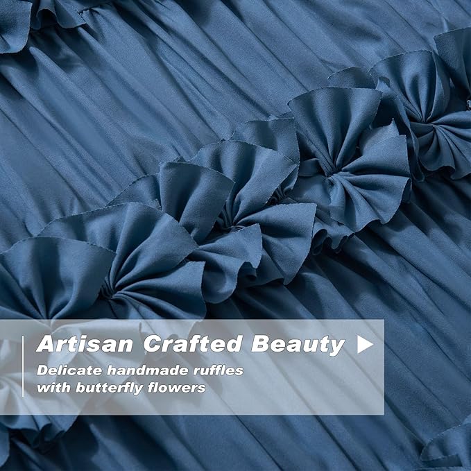Luxurious Dusty Blue Blackout Curtains with 3 Rows of Handmade Butterfly Flower Ruffles, Room Darkening and Soundproof Window Curtain 54" x 84", 2 Panels, Machine Washable (LQ-37)