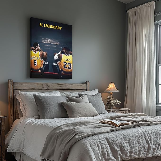 Kobe Bryant and LeBron James Canvas Wall Art Print Poster, Be Legendary Inspirational Sports Picture Artwork, Motivational Mamba Mentality Wall Decor for Home Office Gym Living Room, Framed 8x10inch