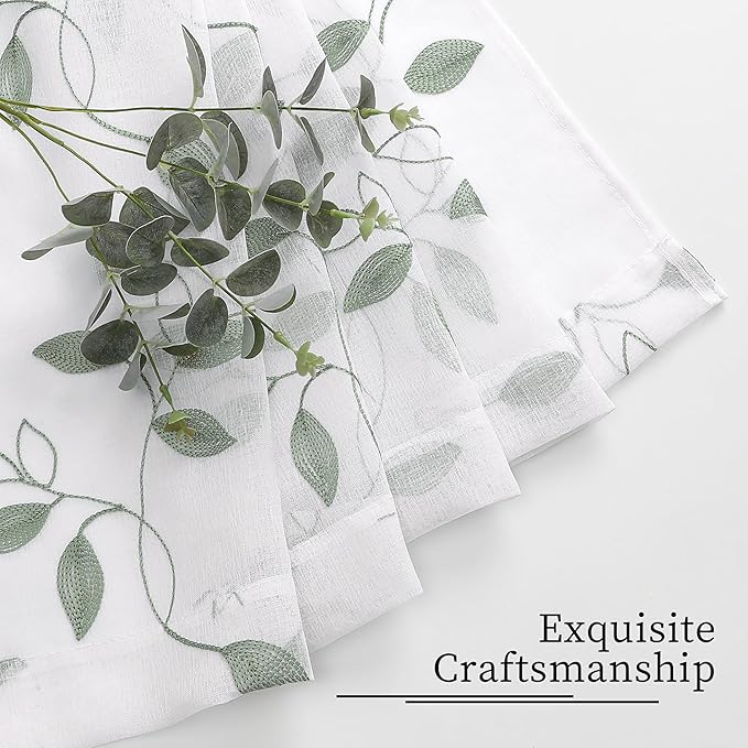 Tollpiz Sage Green Leaf Sheer Curtains Leaves Embroidered Living Room Short Curtain Rod Pocket Voile Window Treatments for Bedroom, 54 x 45 inches Long, Set of 2 Panels