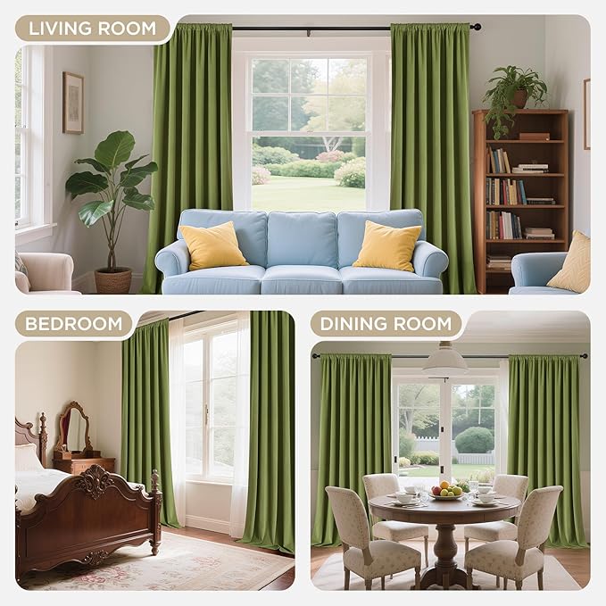 Joydeco Moss Green 100% Blackout Curtains 108 Inch 2 Panels, Luxury Thermal Green Velvet Curtains for Bedroom Living Room, Soundproof Blackout Window Drapes, Grommet Top (52W x 108L)