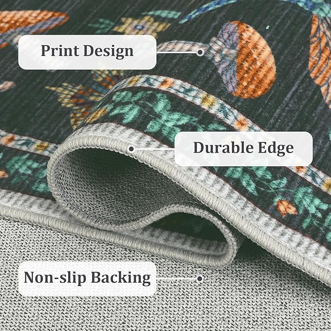 2.5x8 Runner Rug for Hallway Washable Kitchen Rugs Non Slip with Rubber Back Mushroom Soft Low-Pile Stain Resistant Foldable Indoor Carpet for Entryway Laundry Room Floor Mats Black