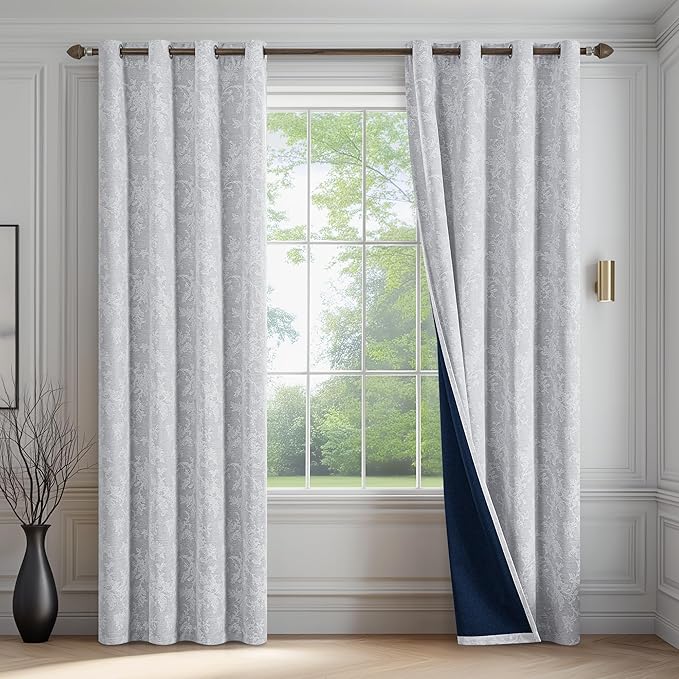 FMFUNCTEX Grey Floral Jacquard Blackout Curtains 90 Inches Long for Bedroom, Scroll Flower Chenille Farmhouse Curtains for Living Room Darkening Thermal Insulated Grommet Window Drapes 2 Panels