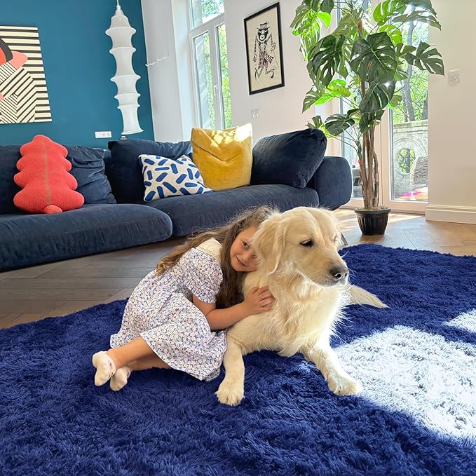 OLANLY 5x7 Machine Washable Large Area Rugs for Living Room, Bedroom, Soft Fluffy Shaggy Bedside Rug, Indoor Floor Carpet for Kids Girls and Boys, Dorms, Nursery, Home Decor Aesthetic, Navy Blue