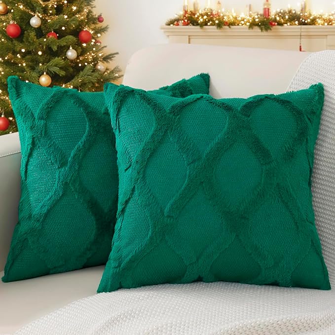 decorUhome Spring Throw Pillow Covers 16x16 Inch Set of 2, Soft Plush Faux Fur Wool Green Couch Pillow Covers, Decorative Neutral Pillow Cases for Bed Sofa Living Room Home Decor