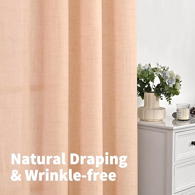 YoungsTex Peach Linen Curtains 90 Inch Length for Living Room, Bronze Grommet Textured Window Drapes Privacy Light Filtering for Bedroom Decorative, 52 x 90 Inch, 2 Panels