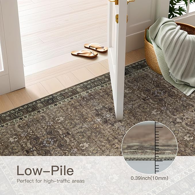 3x5 Vintage Washable Area Rug for Living Room,Low Pile Non Slip Carpet Non-Shedding Small Area Rug Soft Indoor Stain Resistant Rug Floral Print Mat for Bedroom Dining Room Brown Floral