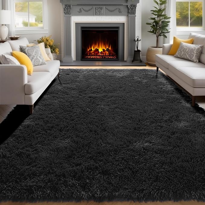PAGISOFE 6x9 Fluffy Bedroom Rugs Black Modern Living Room Machine Washable Area Rug Fuzzy Shaggy Carpet Indoor Plush Nursery Rugs for Kids Room Furry Floor Rug for Boys Carpet for Teen Dorm Room Decor