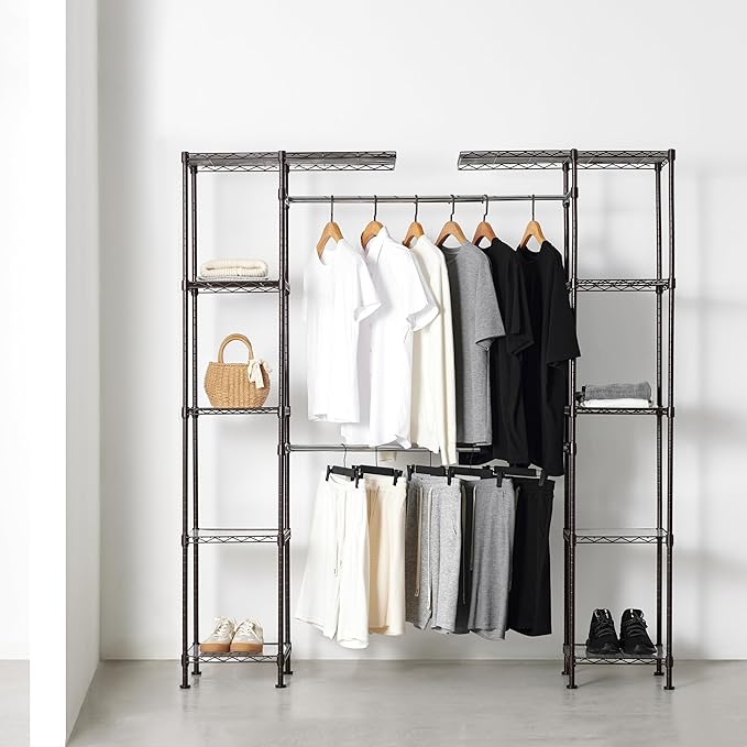 Amazon Basics Expandable Metal Hanging Closet Organizer and Storage Rack Wardrobe with Shelves, 57-80''L x 14''W x 72''H, Bronze