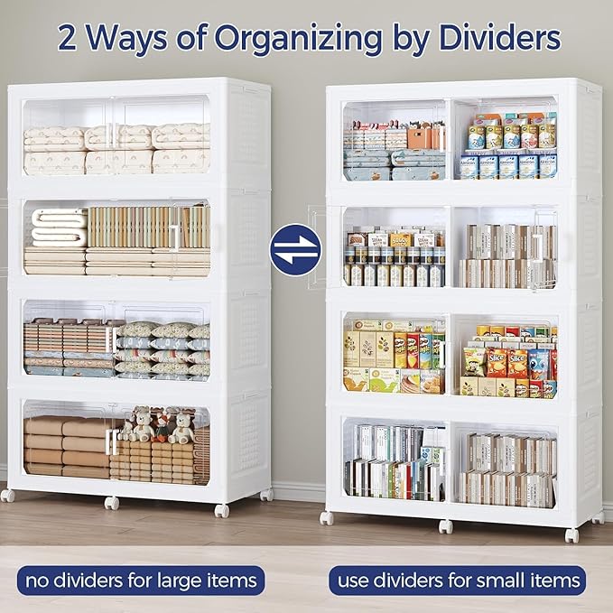 1000 QT Extra Large Stackable Storage Bins with Lid, 250 Gal Collapsible Storage Box with Wheels, Folding Closet Organizers and Storage Cabinet with Doors for Home Kitchen Office, 5Pack White