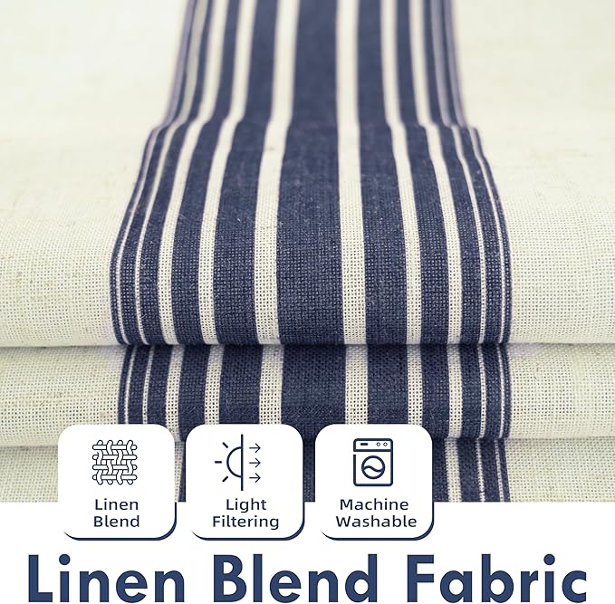 DriftAway Farmhouse Vertical Striped Linen Blend Textured Light Filtering Semi Sheer Curtains for Living Room Bedroom 72 Inches Long Drapes 2 Panels Broad Striped Dark Navy