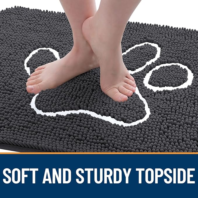 OLANLY Dog Door Mat for Muddy Paws 48x30, Paw Print Design, Absorbs Moisture and Dirt, Absorbent Non-Slip Washable Doormat, Quick Dry Chenille Mud Mat for Dogs, Entry Indoor Entryway Carpet, Dark Grey
