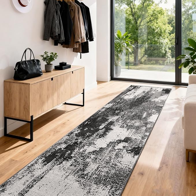 3x6 Kitchen Hallway Runner Rug: Long Washable Rug Runner Non-Slip Indoor Abstract Rugs - Low Pile Soft Floor Runners for Bedroom Living Room Dining Entryway Bathroom Laundry Black White 3x6
