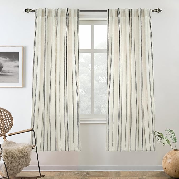 DriftAway Farmhouse Vertical Striped Linen Blend Textured Light Filtering Semi Sheer Curtains for Living Room Bedroom 63 Inches Long Drapes 2 Panels Linen Black