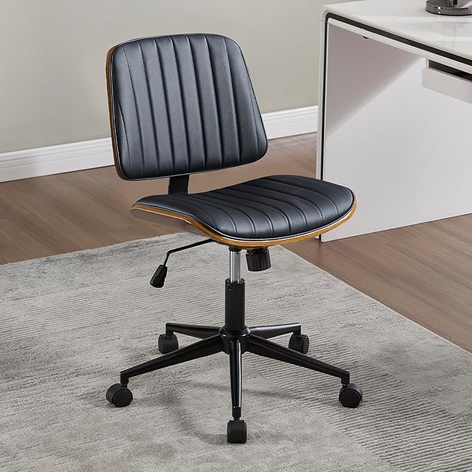 Small Home Office Chair - Armless Mid Back Desk Chair with 360° Swivel and Wheels, PU Upholstered Height Adjustable Modern Walnut Computer Chair for Home, Office Meeting Room - Black