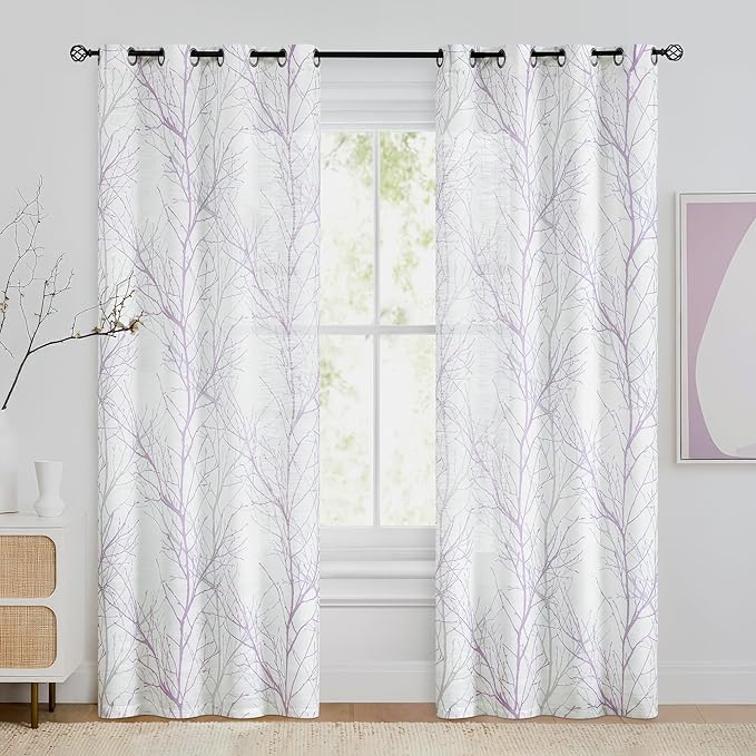 FMFUNCTEX Linen Semi Sheer Curtains for Bedroom, Lilac White Curtains 96 Inches Long for Living Room, Grey Tree Branch Patterned Curtain Light Filtering Farmhouse Window Drapes, Grommet Top 2 Panels