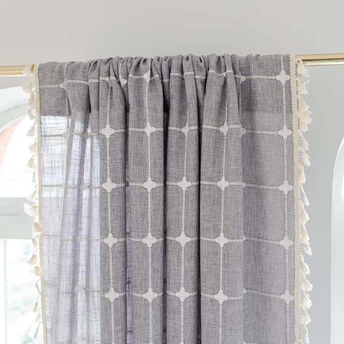 Sutuo Home Boho Curtains 96 Inches Long for Bedroom Living Room,Bohemian Checkered Linen Vintage Chic Tassels Light Filtering Farmhouse Window Treatment Drape, 1 Panel 52" W x 96" L, Dark Grey Plaids