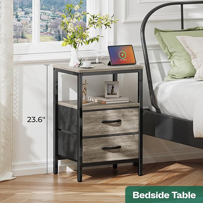 Huuger Nightstand with Charging Station, Fabric Drawers, End Table with Open Shelf, Bedside Table with USB Ports and Outlets, Night Stand for Bedroom, Oak