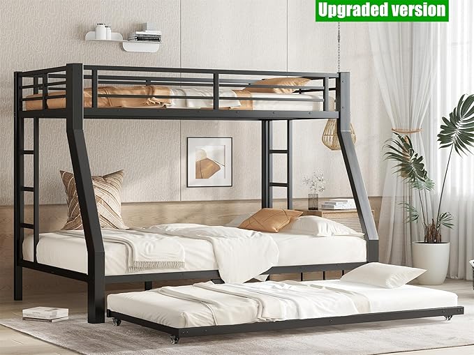 Upgraded & Stronger Heavy Duty Metal Twin Over Full Bunk Bed with Twin Size Trundle for Adults & Teens, Thickened More Stable Safer Bunkbeds (Greater Weight Capacity)