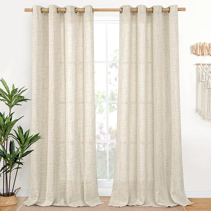 YoungsTex Linen Curtains 102 Inch Length for Living Room, Light Filtering Semi Sheer Window Treatments with Bronze Grommet for Bedroom Farmhouse, 52 x 102 Inch, 2 Panels