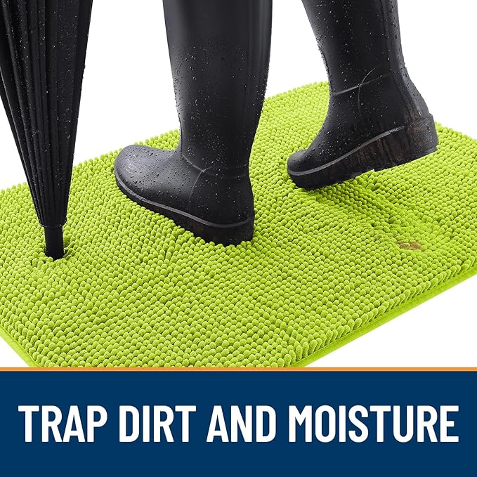 OLANLY Dog Door Mat for Muddy Paws 36x24, Absorbs Moisture and Dirt, Absorbent Non-Slip Washable Doormat, Quick Dry Chenille Mud Mat, Entry Indoor Entryway Carpet for Inside Floor, Bright Green