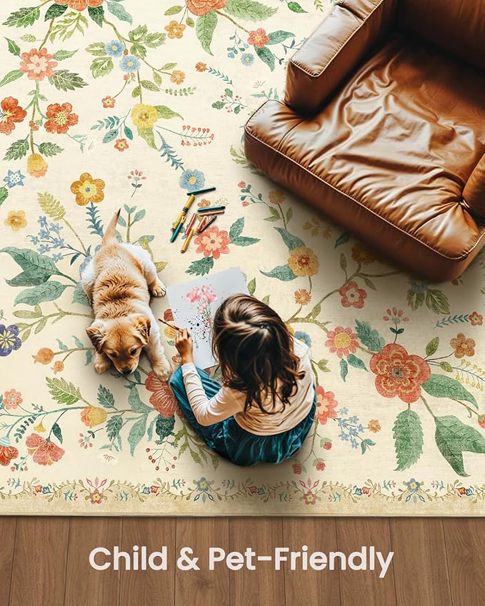 Amada 2x3 Washable Area Rug, Non-Slip & Low-Profile Entryway Rug with Reinforced Edge Binding, Boho Floral Pattern, Soft Small Rugs for Entryway, Kitchen, Living Room