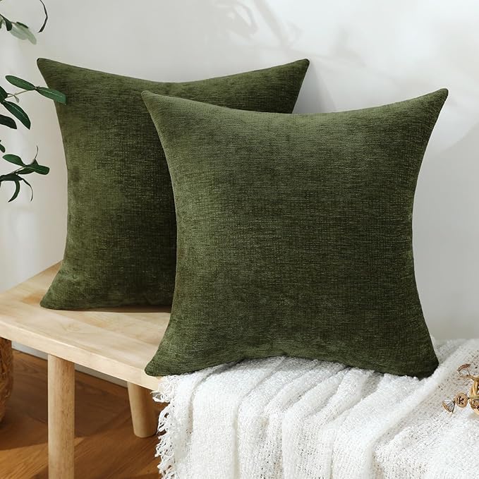 Jeneoo Sage Green Decorative Throw Pillow Covers Soft Chenille Comfy Square Couch Cushion Cases for Living Room Sofa Decor (Set of 2, 14 x 14 Inches)