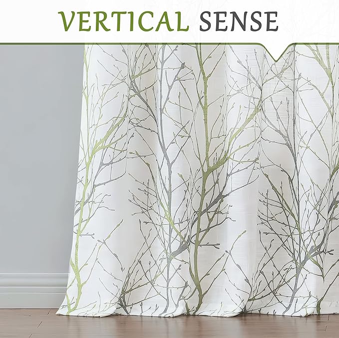 FMFUNCTEX Linen Semi Sheer Curtains for Bedroom, Sage Green White Curtains 54 Inches Long for Living Room, Grey Tree Branch Print Curtain Light Filtering Kitchen Window Drapes, Grommet Top 2 Panels
