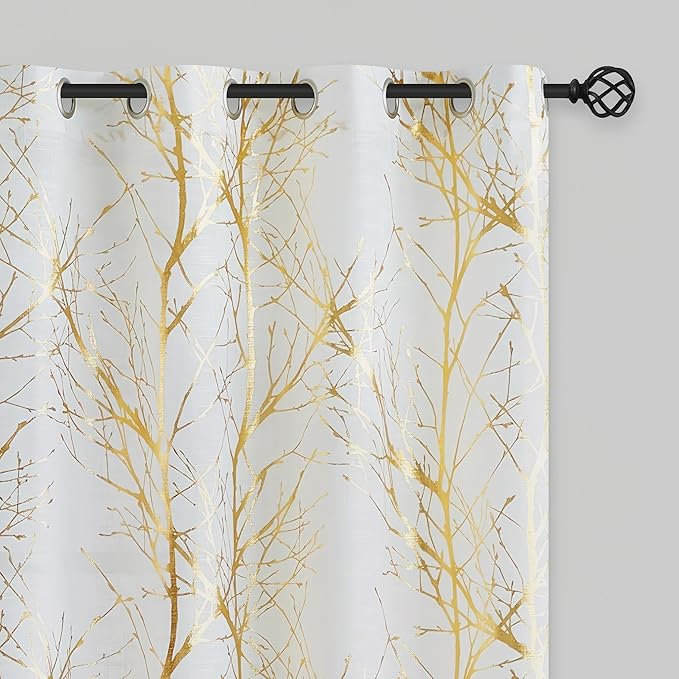FMFUNCTEX Linen Semi Sheer Curtains, Gold Foil Metallic Print White Tree Panel for Bedroom & Living Room, Light Filtering 84 Inch Long Grommet Top 2 Panels